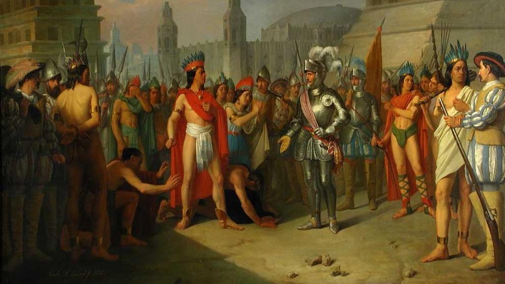 Hernán Cortés y Cuauhtémoc en ‘Prisión de Guatimocín, último emperador de México’, por Carlos Esquivel y Rivas, 1854. (Colección Museo Nacional del Prado)