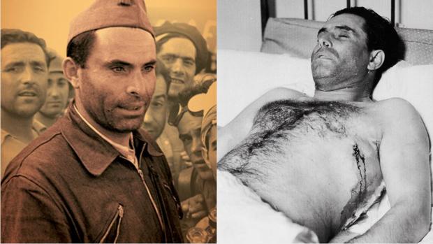 Durruti en una imagen poco antes de morir sacada de la biografía de Abel Paz publicada por La Esfera, junto a otra de su cadáver con la marca de la bala visible - ABC
