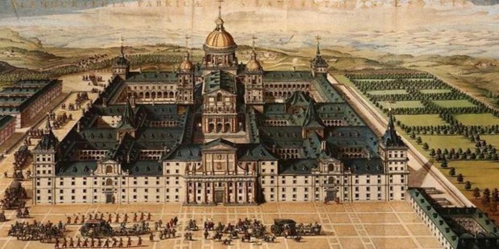 Pintura de la época de la construcción del Monasterio de El Escorial, desde su fachada principal - ídeo: Los Secretos del Monasterio de El Escorial