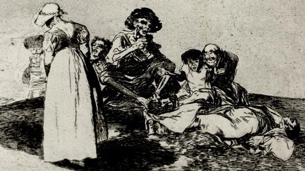 Grabado de una escena de la Guerra de Independencia titulado «Lo peor es pedir», de Goya