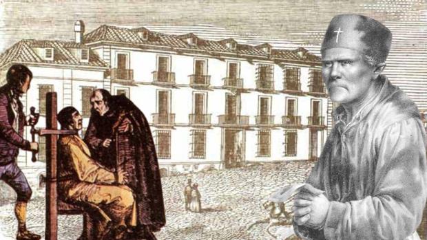 Una ilustración de la ejecución de Luis Candelas, junto a otras de cura Merino, con la cárcel del Saladero al fondo
