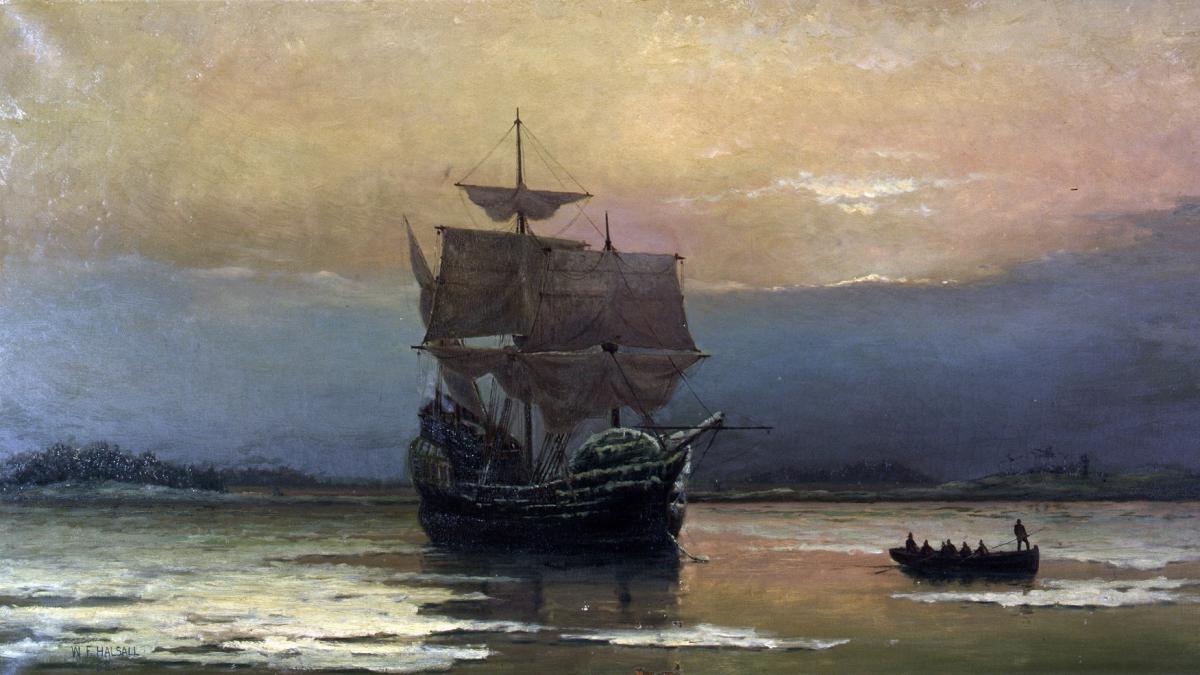 'Mayflower en la bahía de Plymouth', William Halsall, 1882.