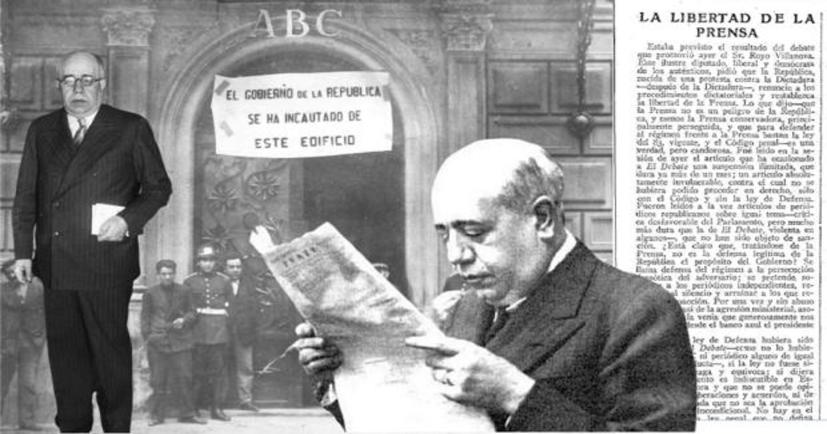 Montaje con imagénes de Manuel Azaña, sobre un editorial de ABC hablando de «La libertad de prensa» y la fotografía de la incautación del edifico de la redacción, en mayo de 1931 - ABC