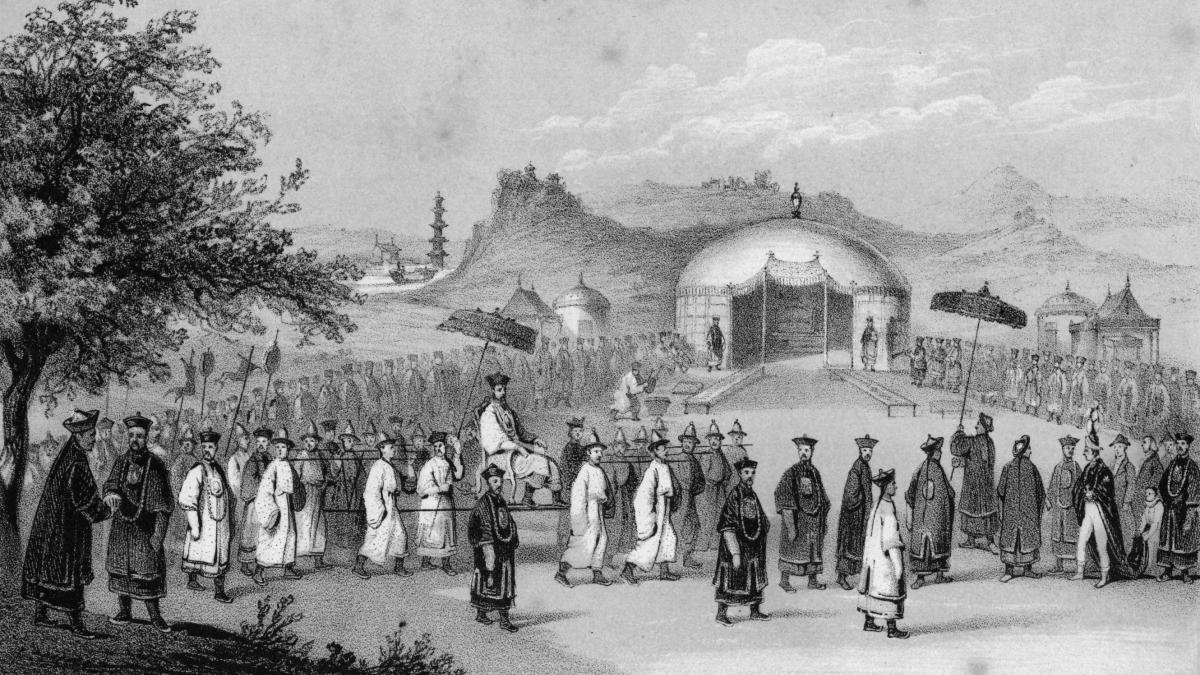 El emperador dhino llega al encuentro con el embajador británico, en un grabado del siglo XIX 