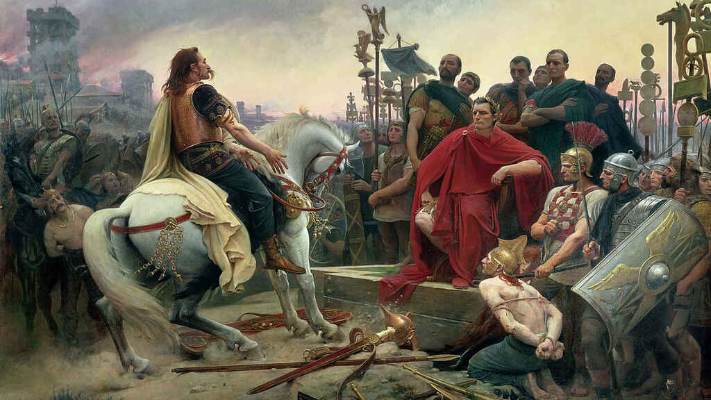 Vercingétorix arroja sus armas ante Julio César, según el pintor Lionel-Noël Royer. Wikimedia Commons