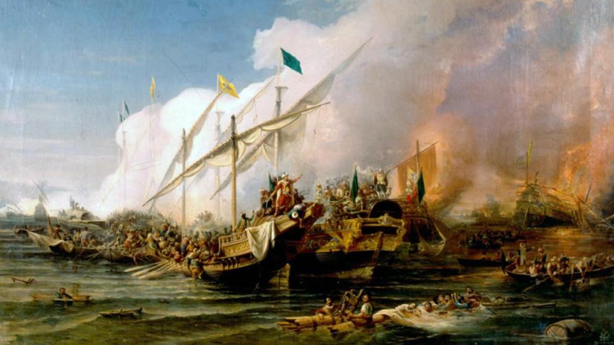 La flota otomana derrotó a la Liga Santa de Carlos V en la batalla de Preveza en 1538. Dominio público