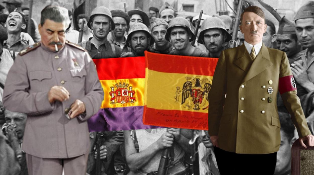Hitler (derecha) y Stalin, sobre una imagen de la fotografía de la Guerra Civil y las bandera republicana y franquista - ABC / Vídeo: Así fueron las negociaciones que podrían haber terminado con la Guerra Civil antes de 1937
