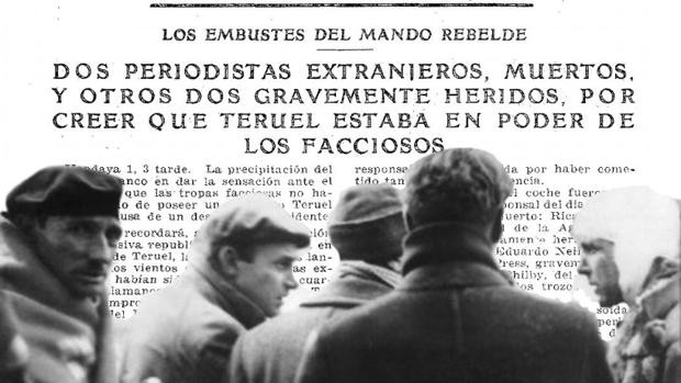 Kim Philby herido tras la bomba de Caudés (derecha) el 31 de diciembre de 1937, sobre la noticia de ABC sobre el ataque - ARCHIVO ABC