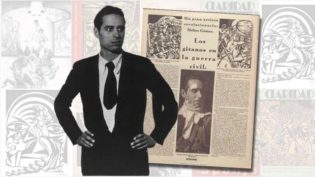 Montaje con un retrato de Helios Gómez durante la década de 1930 y la página de la revista 'Crónica', sobre varios de los carteles e ilustraciones que realizó durante la Guerra Civil
