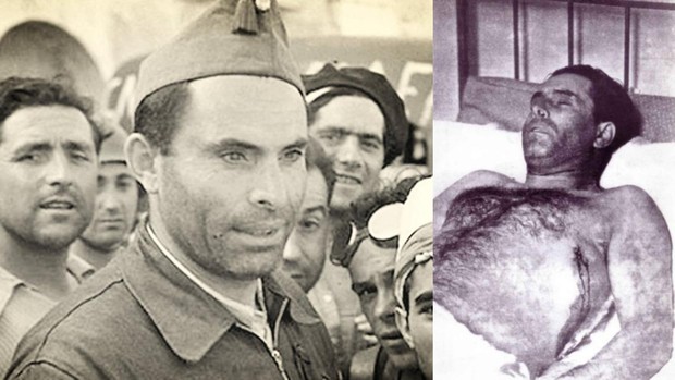 Durruti en una imagen poco antes de morir sacada de la biografía de Abel Paz publicada por La Esfera, junto a otra de su cadáver con la marca de la bala visible - ABC