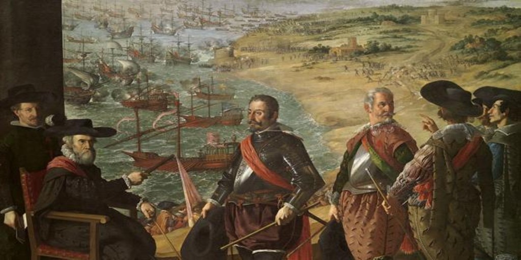 Cuadro de Zurbarán en el que aparece representado Fernando Girón, gobernador de Cádiz, dando instrucciones a sus subordinados para organizar la defensa de la ciudad, amenazada por la escuadra inglesa que aparece al fondo, en 1625 - MUSEO DEL PRADO