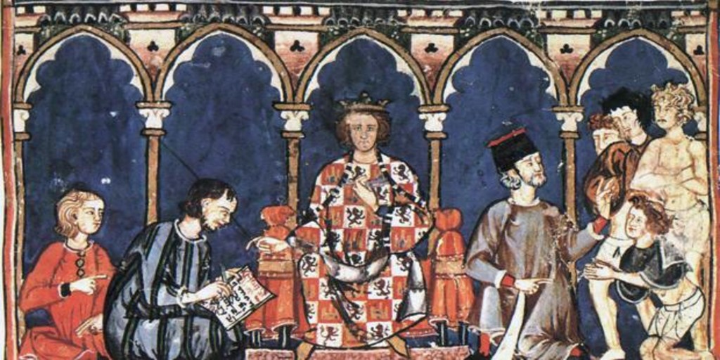 Alfonso X en una miniatura medieval del Libro de los juegos.