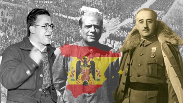 Montaje en el que aparecen Carrillo (izquierda), el líder de la invasión, el comunista Jesús Monzón (centro), y Franco, con el mapa de España y el águila de la dictadura