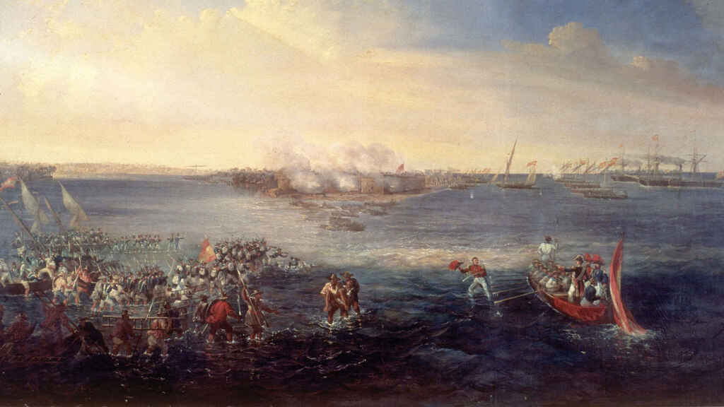 Ataque a la isla y fuerte de Balanguingui (Filipinas), 16 de febrero de 1848. Un lienzo de Antonio de Brugada / Biblioteca Virtual de Defensa.
