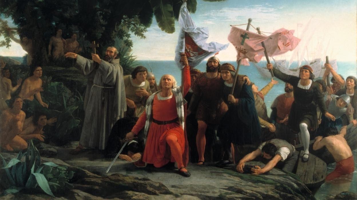 Pintura de la llegada de Colón a América, realizada por Dióscoro Puebla en 1862