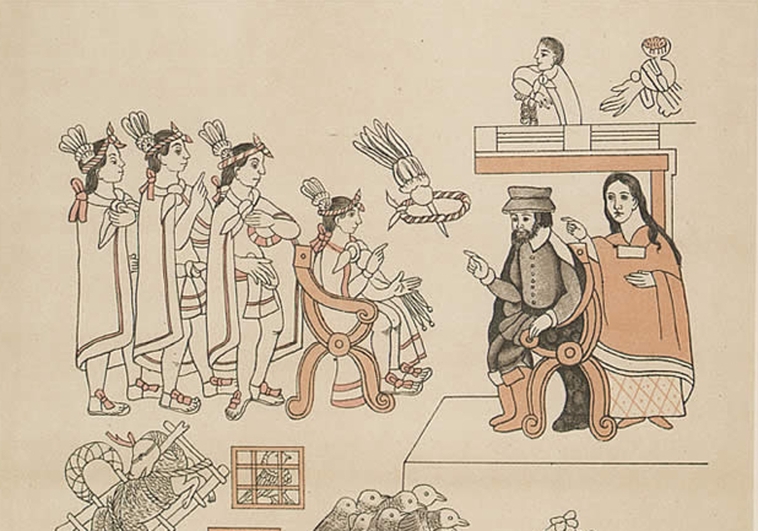 Lienzo de Tlaxcala: Hernán Cortés y Malinche en su encuentro con Moctezuma II en Tenochtitlan. ABC