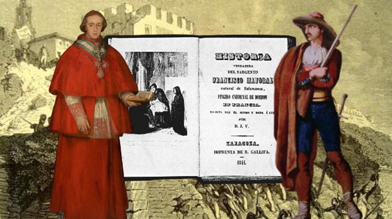 Montaje con el retrato del cardenal Luis de Borbón realizado por Goya, con un paisano armado de la milicia de Ciudad Rodrigo, grabado por el reverendo William Bradford, sobre la entrada de los franceses por la brecha abierta, (de Phillipoteaux) y la primera edición de las aventuras del sargento Mayoral, de 1844