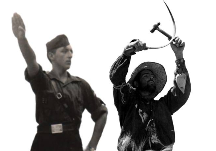 Montaje de un miliciano haciendo el símbolo de la hoz y el martillo comunista y un falangista haciendo el saludo fascista ABC