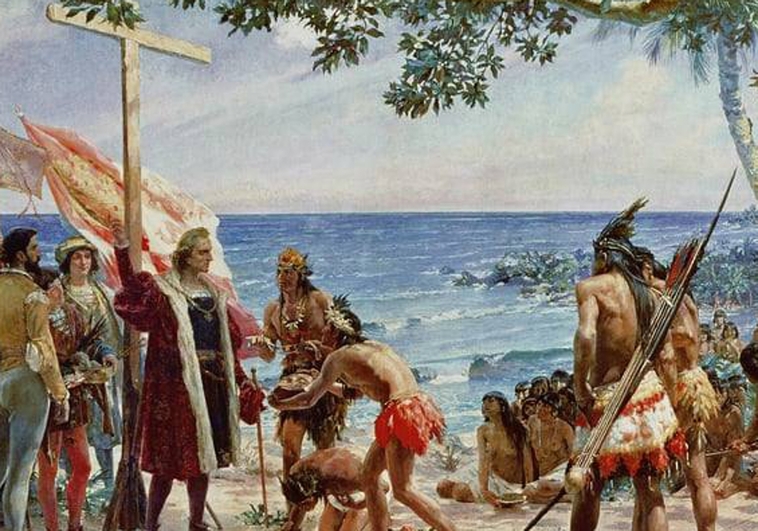 El desembarco de Cristóbal Colón en 1492, cuadro de 1890. ABC