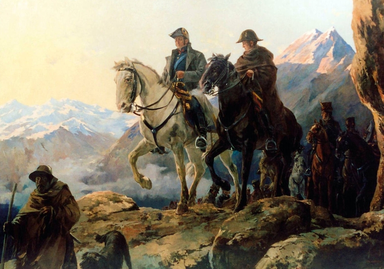 Los generales José de San Martín (izquierda) y Bernardo O'Higgins cruzan los Andes, según el cuadro pintado por Julio Vila en 1909