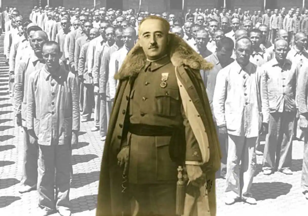 Montaje de Franco, sobre una filas de presos republicanos durante el franquismo ABC