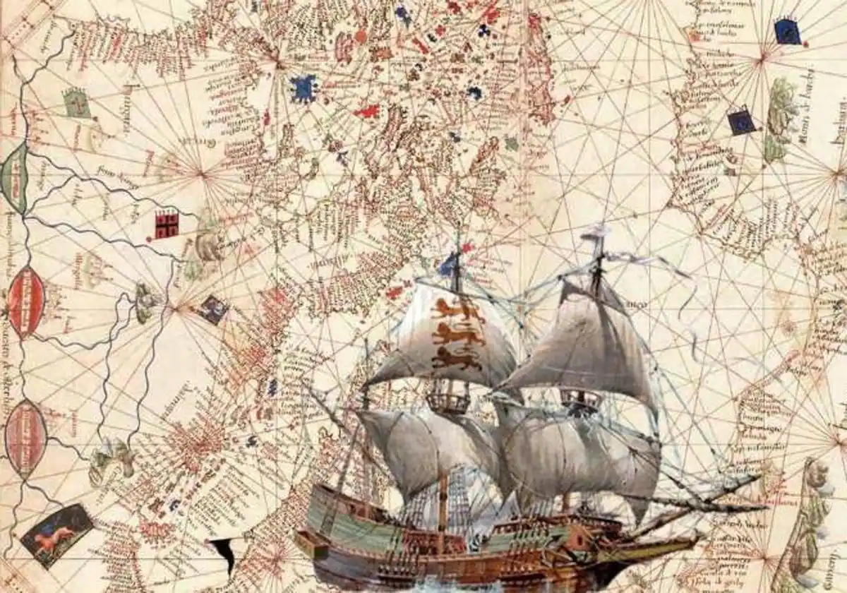Montaje del Atlas de Andrea Benincasa de 1476, sobre una barco de la época ABC