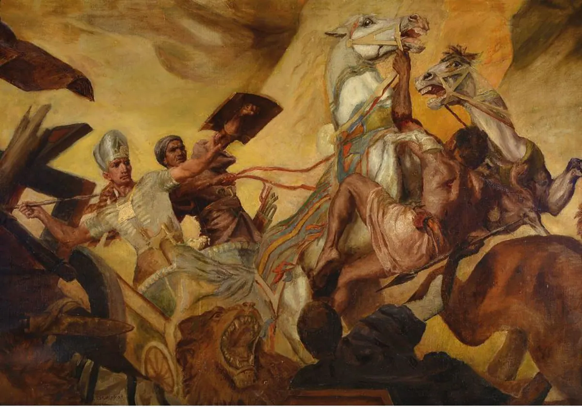 Ramsés II lucha en la batalla de Qadesh, según el cuadro pintado por Karl Oderich en 1907