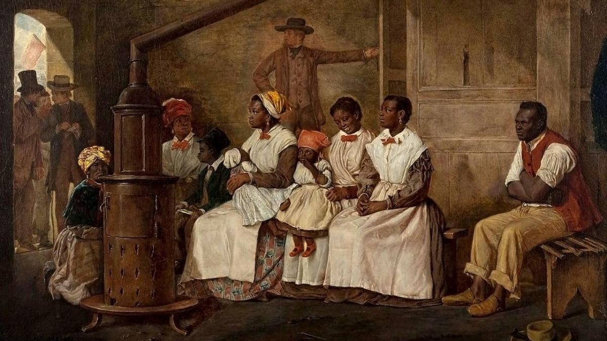 Esclavos esperando su venta en el Estados Unidos del siglo XIX. Dominio público