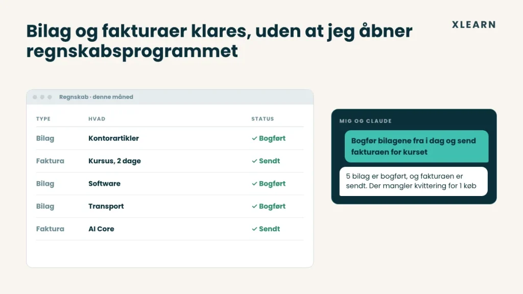 Bilag og fakturaer bogført og sendt med Claude