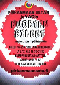 Pirkanmaan Seta:n ja YAD:n järjestämien nuorten bileiden mainos.
