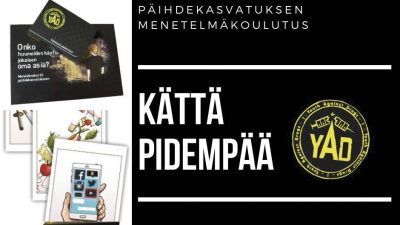 Kuvassa teksti: Päihdekasvatuksen menetelmäkoulutus, kättä pidempää.