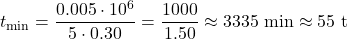 t_{\min} = \dfrac{0.005 \cdot 10^{6}}{5 \cdot 0.30} = \dfrac{1000}{1.50} \approx 3335\ \text{min} \approx 55\ \text{t}