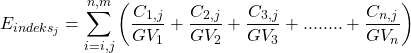 \begin{equation*}    E_{indeks_j} = \sum \limits_{i = {i,j}}^{n,m}\left( \frac{C_{1,j}}{GV_1} + \frac{C_{2,j}}{GV_2} + \frac{C_{3,j}}{GV_3} + ........ + \frac{C_{n,j}}{GV_n} \right)\end{equation*}