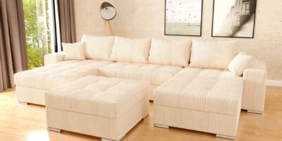 Actie Hoeksalon Wooneiland Josua Ribstof Beige + Poef