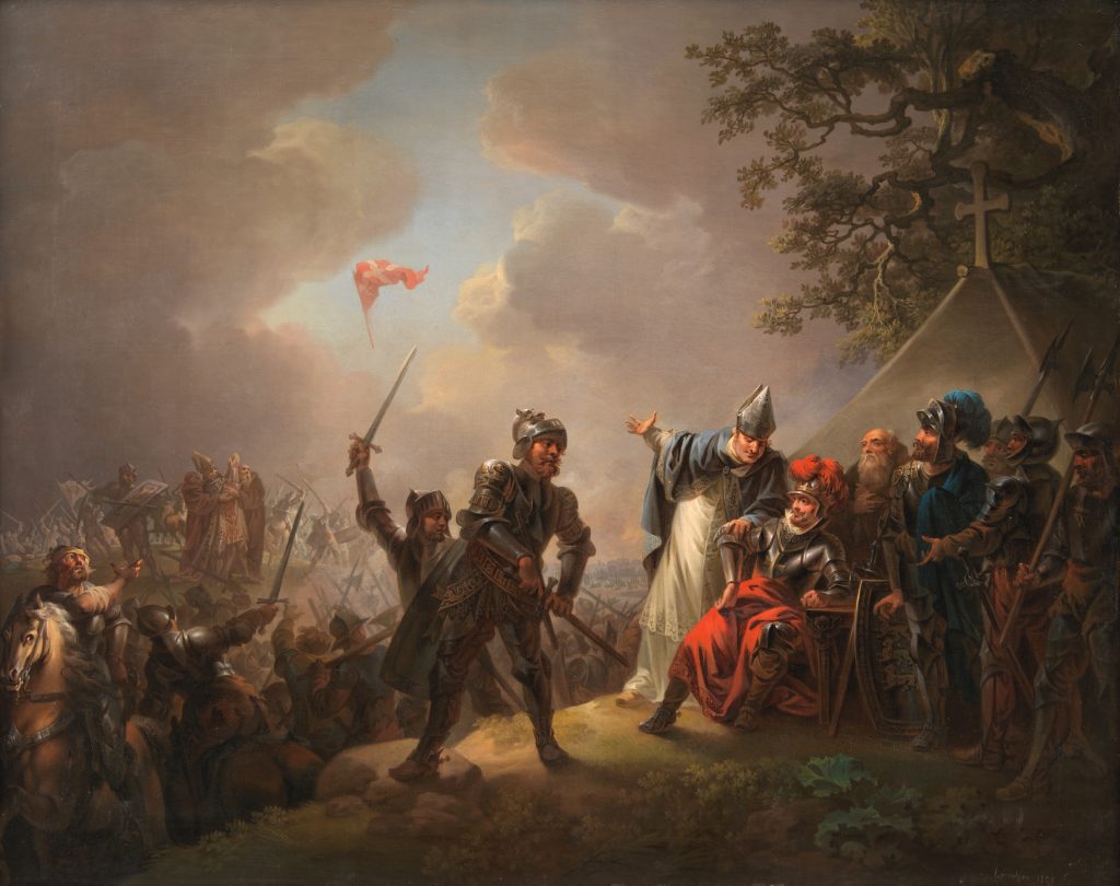 Illustration af Dannebrog falder ned fra himmelen under slaget ved Lyndanisse, Tallin, Estland.