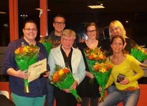 6 van de 10 jubilarissen, v.l.n.r. Natascha, Bas, Els, Minet, Erna en Jorieke
